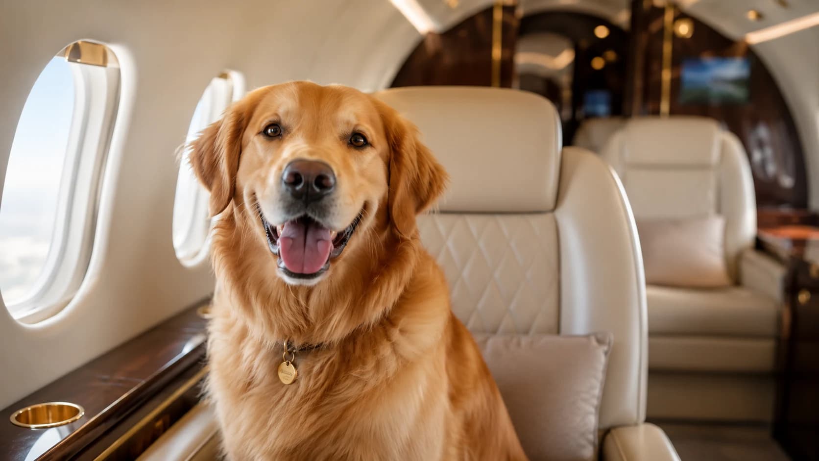 Golden Retriever entspannt in der Kabine eines Beyond Privatjets